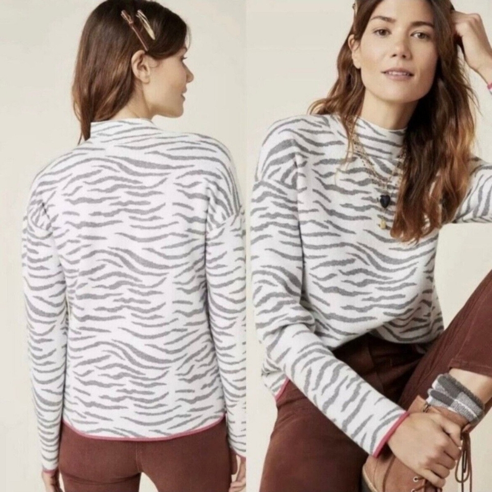Anthropologie Mock Neck Sweater White Zebra Gray Pink Pullover Top Lizzie Sz XL